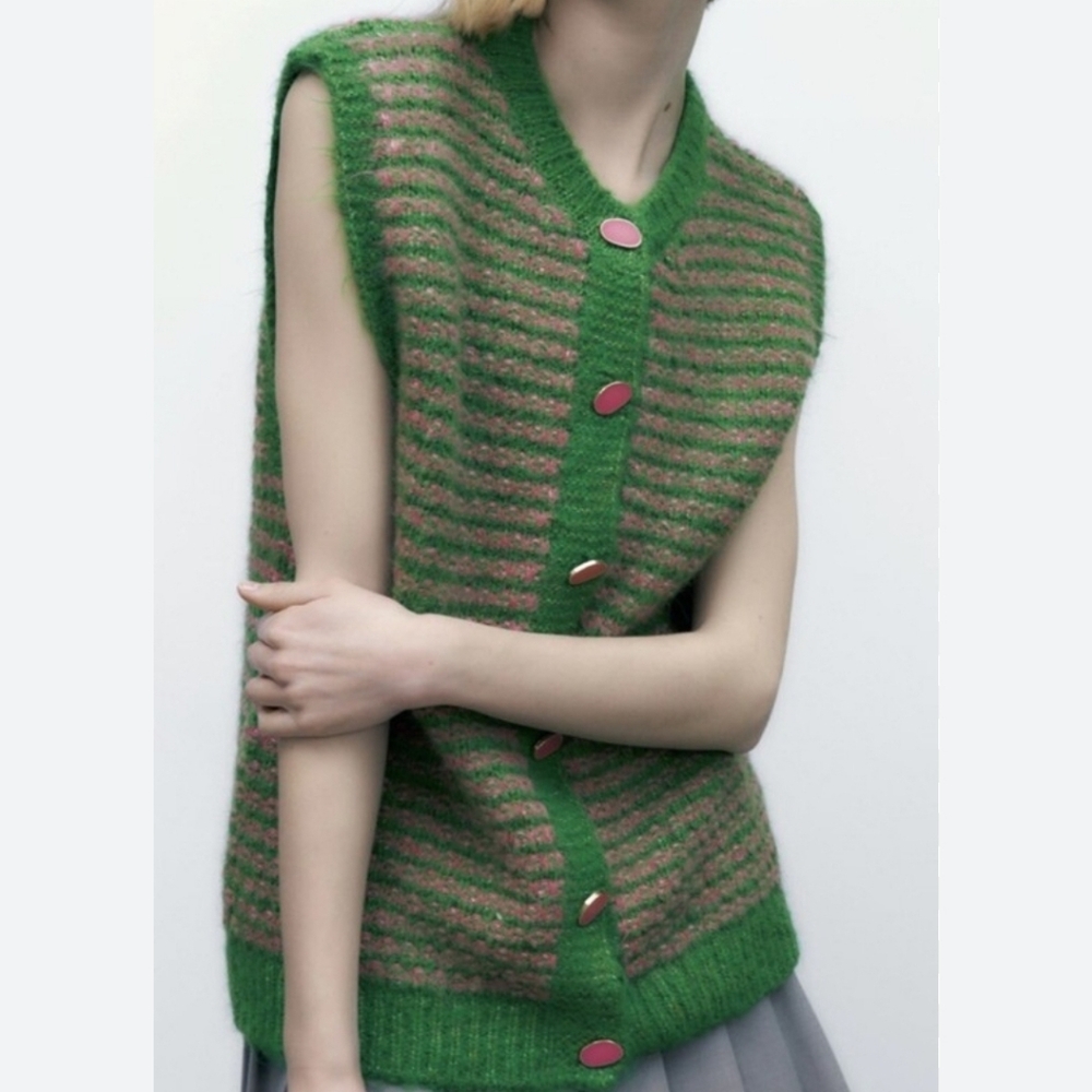 Zara Green and Pink Striped Sweater Vest Sizw M NWOT